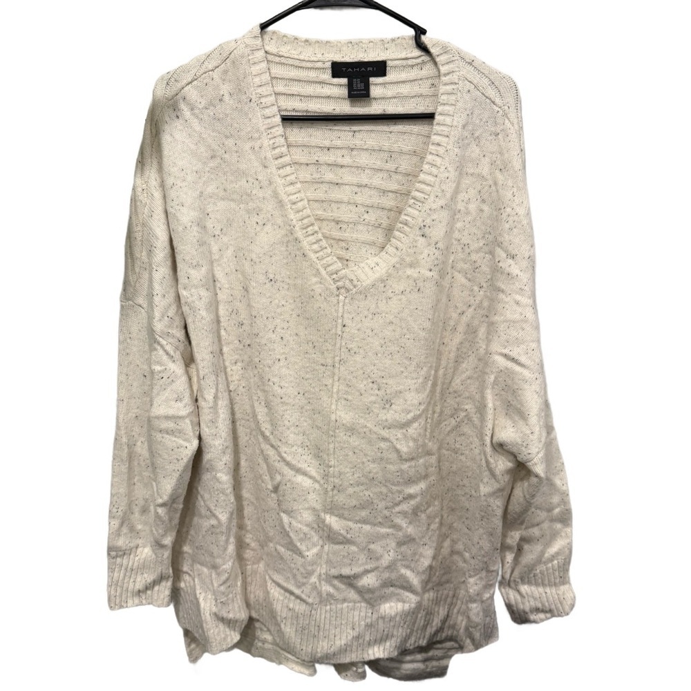 Tahari Women's V-Neck Cream White Speckled Sweater Soft 2X Asymmetrical